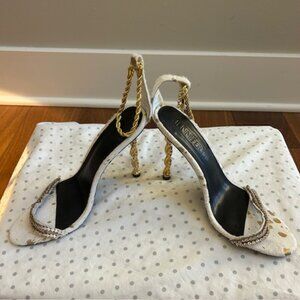 I am Jennifer Le white and gold horsehair stiletto rhinestones and gold chain